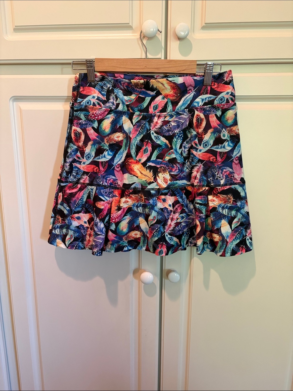 Multicolor Feather-Print Ruffle Mini Skirt